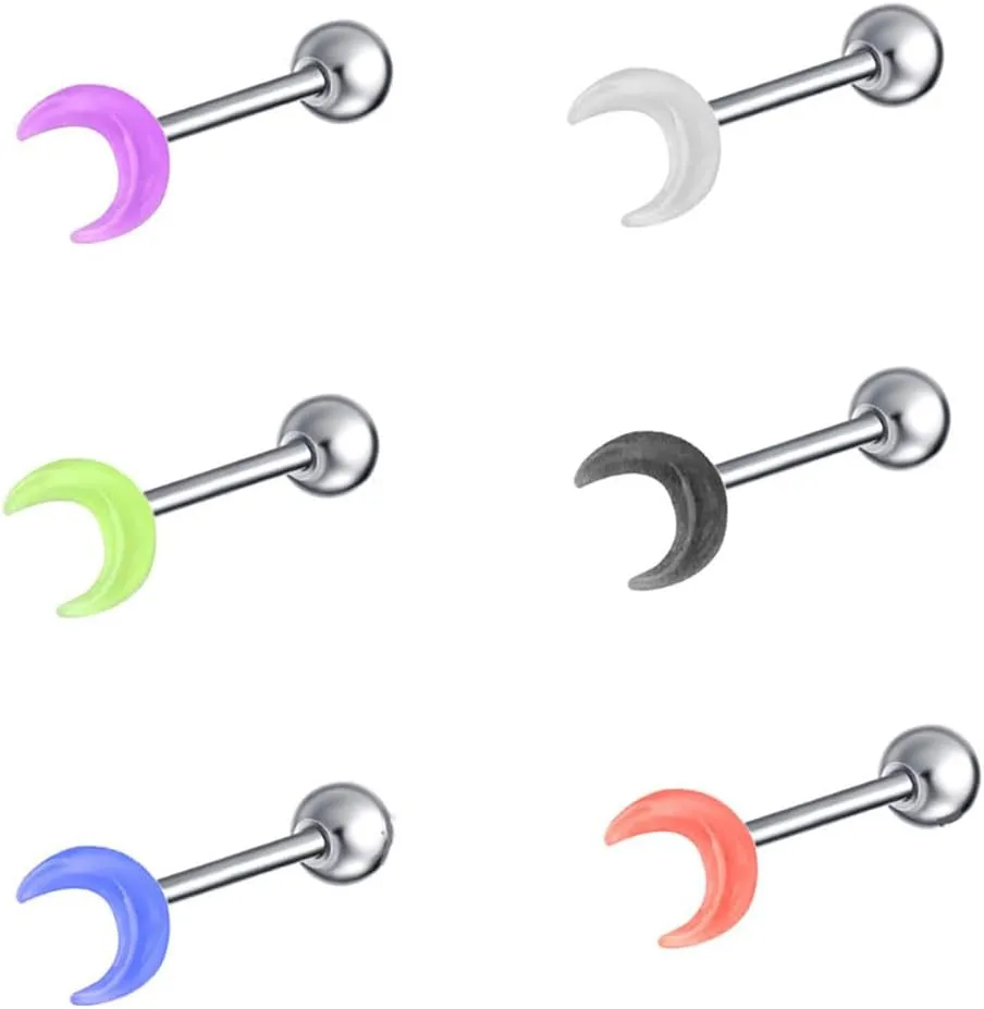 6Pcs 14G Moon Tongue Rings for Women Surgical Steel Acrylic Crescent Moon Tongue Studs Hypoallergenic Tongue Piercing Barbell Body Piercing Jewelry