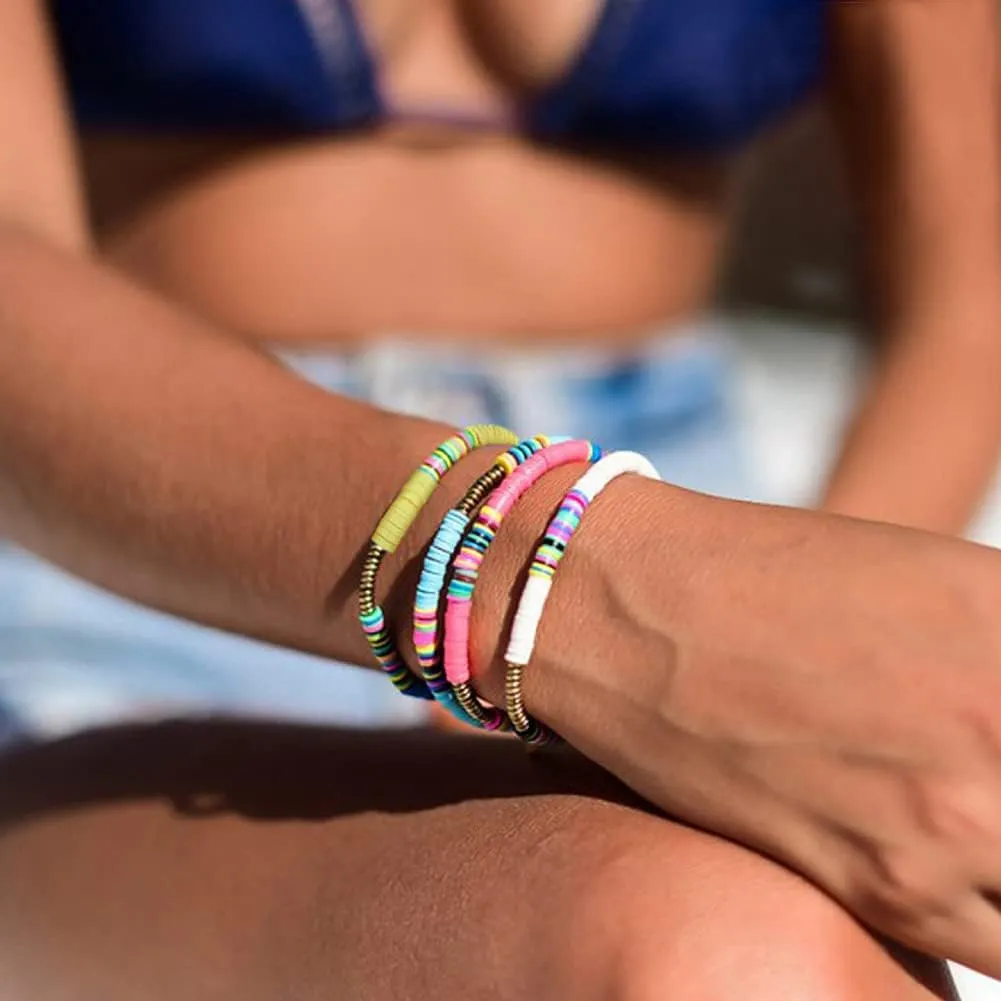 6PCS Colorful Sliced Clay Bracelets for Women Handmade Stackable Rainbow Vinyl Disc Bead Strech Bracelets Set Plastic Summer Wristband