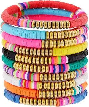 6PCS Colorful Sliced Clay Bracelets for Women Handmade Stackable Rainbow Vinyl Disc Bead Strech Bracelets Set Plastic Summer Wristband