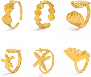 6pcs Gold Summer Beach Rings Set Seashell Ring for Women Beachy Rings Stainless Steel Adjustable Surfer Sell Starfish Stacking Ring Summer Accessories Beach Jewelry for Women
