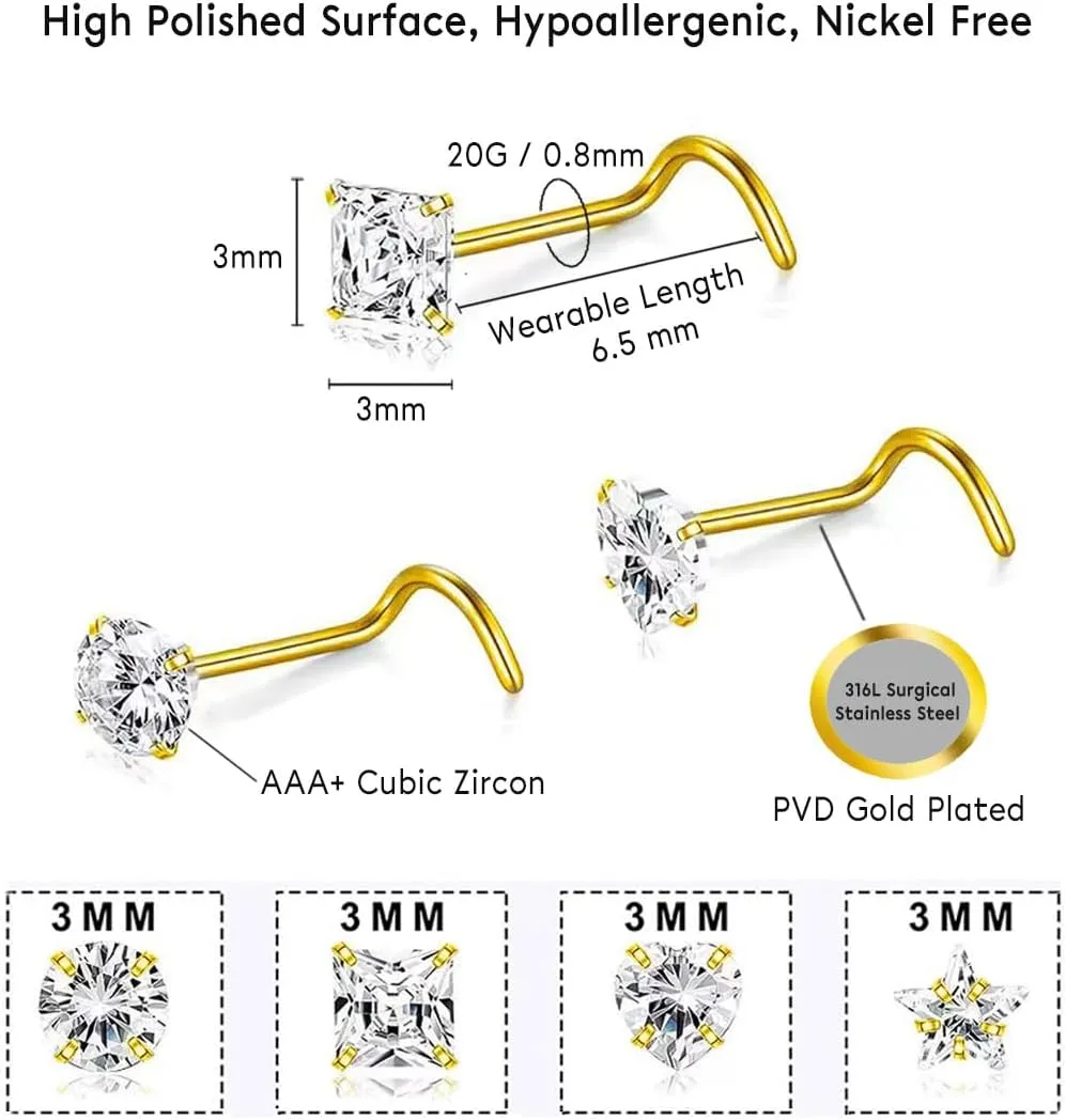 8-15Pcs 20G Nose Rings studs for Woman Hypoallergenic 316L Surgical Steel Nose Piercings Jewelry 2/3mm CZ L Shape Nose Rings 20 Gauge Nose Studs Nose Screw Studs Gold Silver