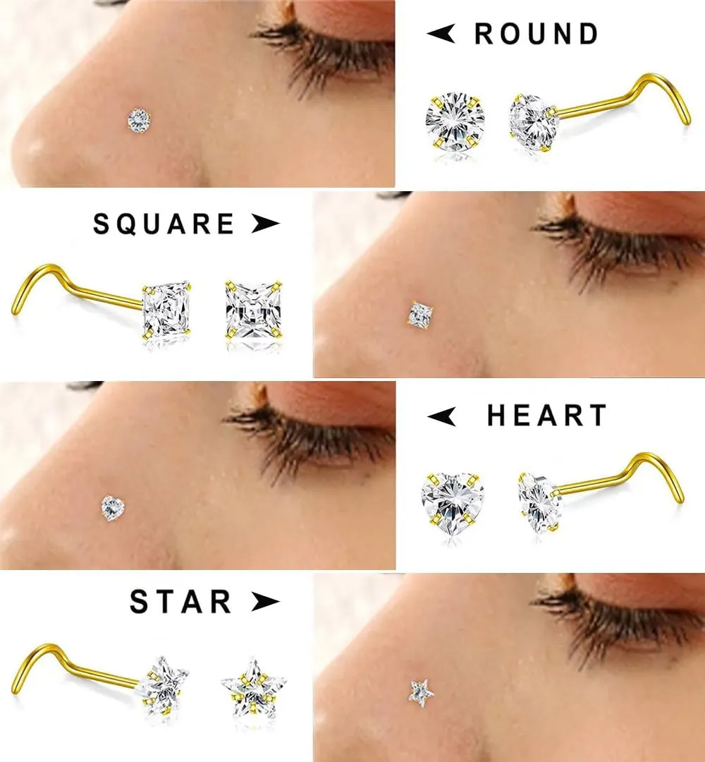8-15Pcs 20G Nose Rings studs for Woman Hypoallergenic 316L Surgical Steel Nose Piercings Jewelry 2/3mm CZ L Shape Nose Rings 20 Gauge Nose Studs Nose Screw Studs Gold Silver