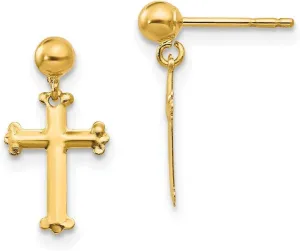 8mm 10k Solid Yellow Gold Religious Faith Cross Dangle Post Earrings 14x8mm Wide-Dangle Earring for Women