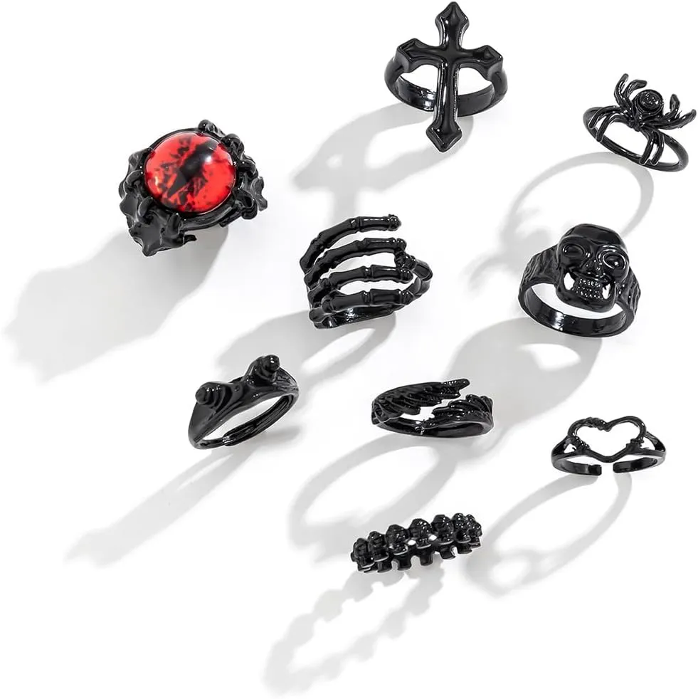 9 Pcs Punk Skeleton Skull Ring for Women Men Spider Halloween Rings Set Heart Cross Vintage Knuckle Rings Skull Hand Stackable Finger Rings Midi Rings Joint Rings Y2K Halloween Jewelry