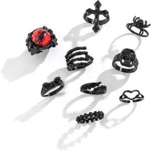 9 Pcs Punk Skeleton Skull Ring for Women Men Spider Halloween Rings Set Heart Cross Vintage Knuckle Rings Skull Hand Stackable Finger Rings Midi Rings Joint Rings Y2K Halloween Jewelry