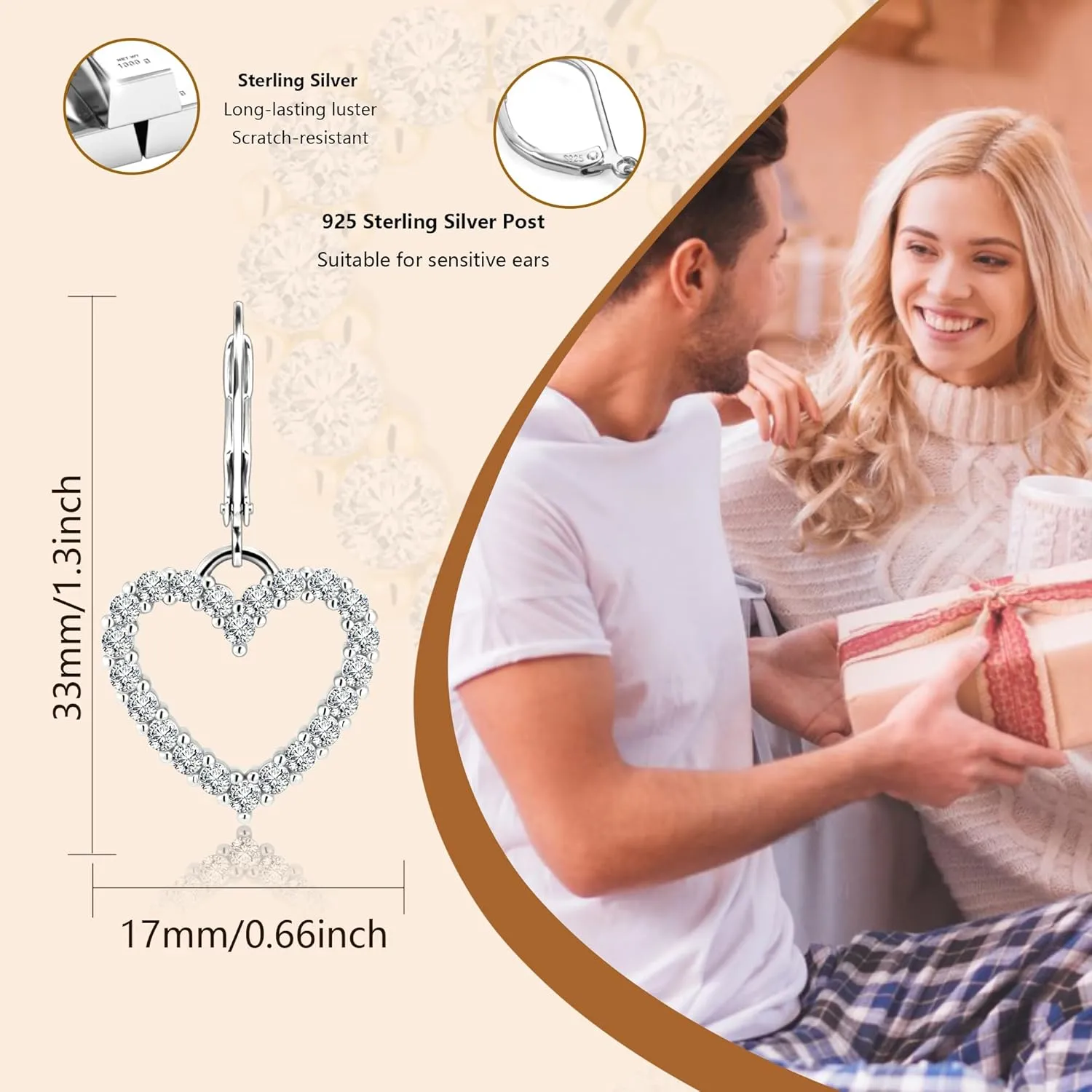925 Sterling Silver 14K Gold Plated Heart Dangle Earrings, ALEXCRAFT Dangling Drop Earring for Trendy Women Leverback Hearts Shaped Cubic Zirconia Minimalist Earings Hypoallergenic