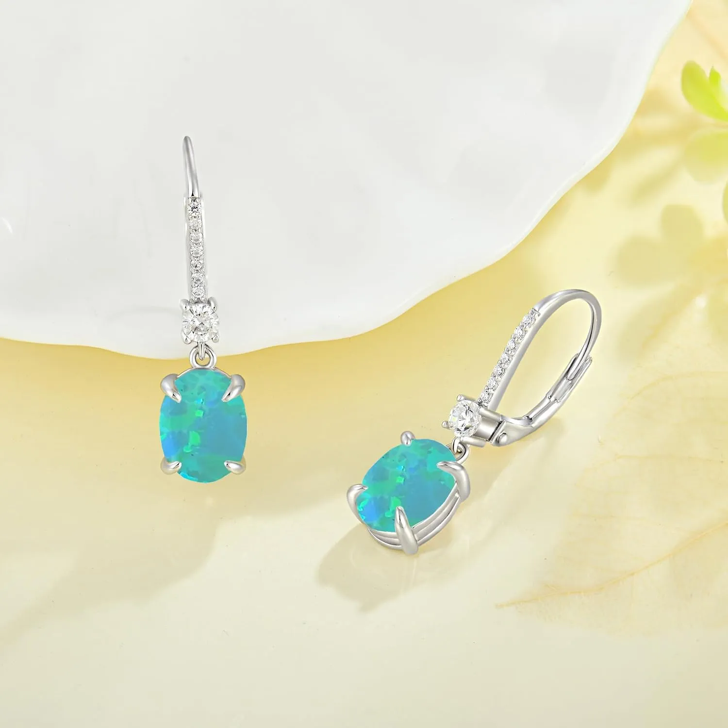 925 Sterling Silver Created Opal Lever Back Earrings Oval Cut Dangle Drop Earrings for Women Jewelry for Her Mothers Day Christmas