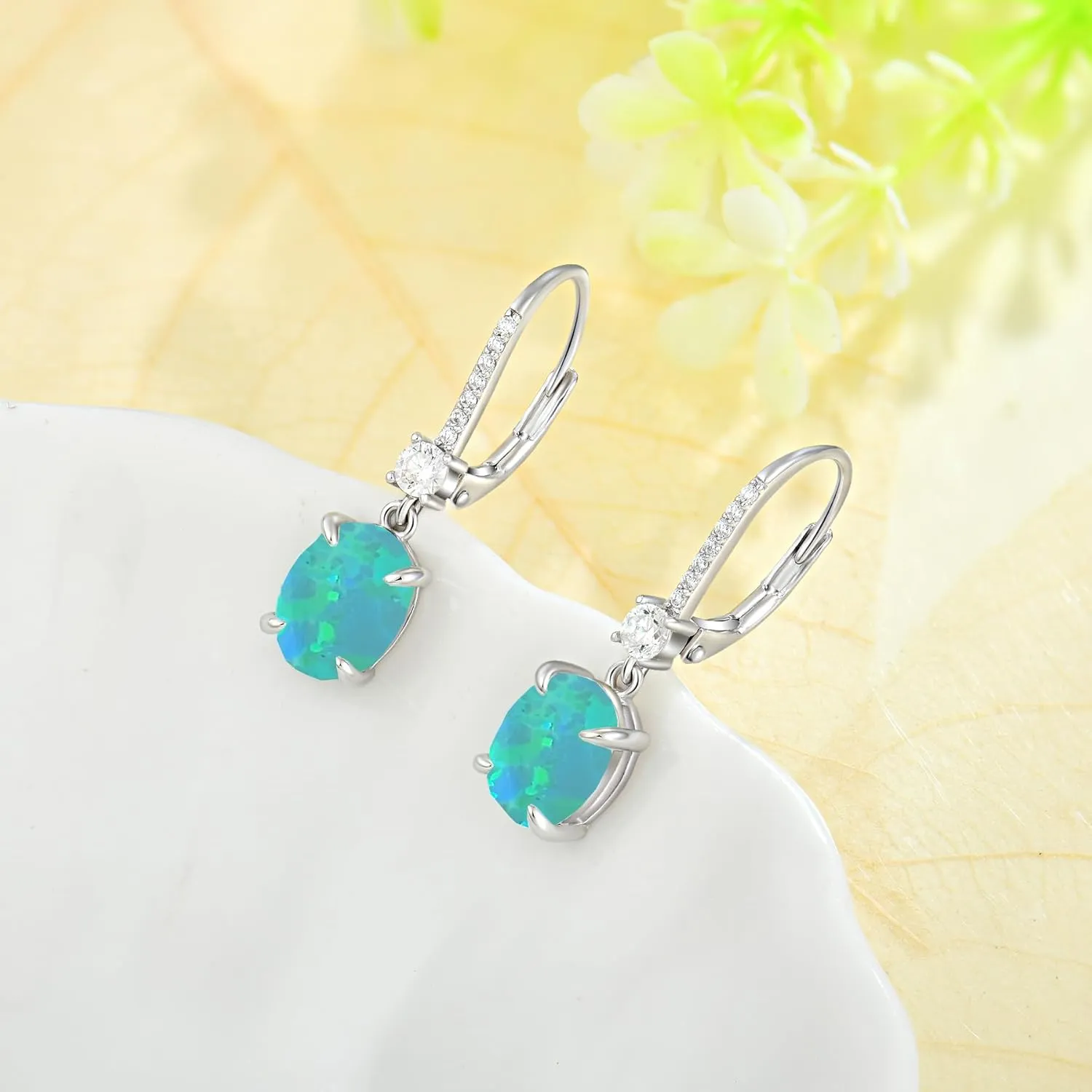 925 Sterling Silver Created Opal Lever Back Earrings Oval Cut Dangle Drop Earrings for Women Jewelry for Her Mothers Day Christmas