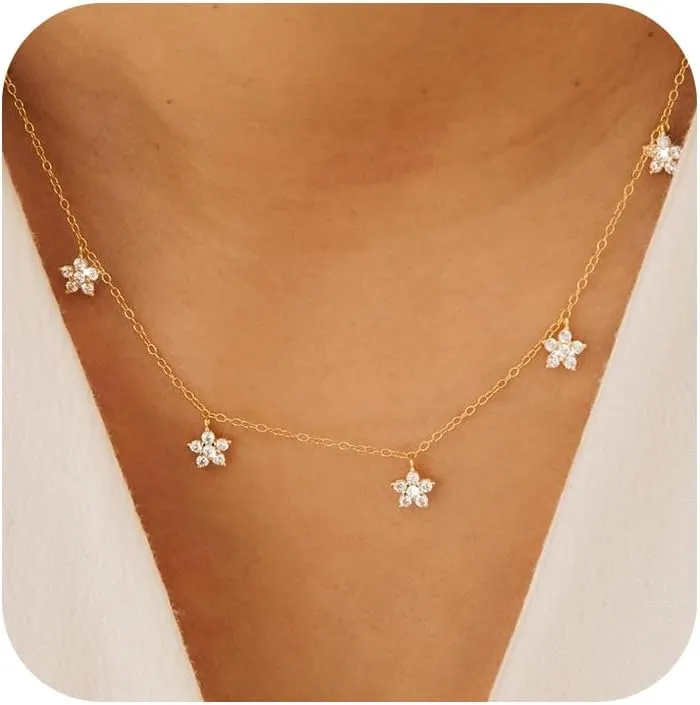 925 Sterling Silver Leaf Necklace 14K Gold Plated CZ Leaf Pendant Necklace for Women Lucky Flower Necklaces 5 Leaves Choker Necklace Dainty Chain Necklaces Jewelry To My Daughter Graduation Gifts