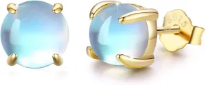 925 Sterling Silver Moonstone Stud Earrings - Synthetic Round Hypoallergenic Jewelry for Women With Sensitive Ears