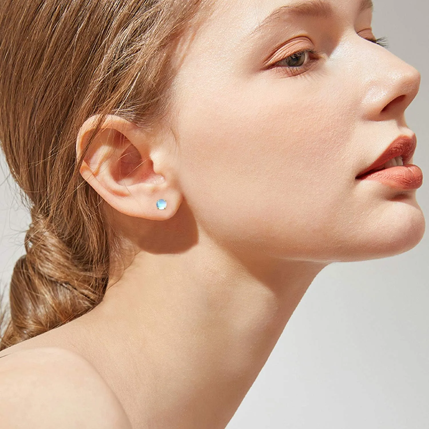 925 Sterling Silver Moonstone Stud Earrings - Synthetic Round Hypoallergenic Jewelry for Women With Sensitive Ears
