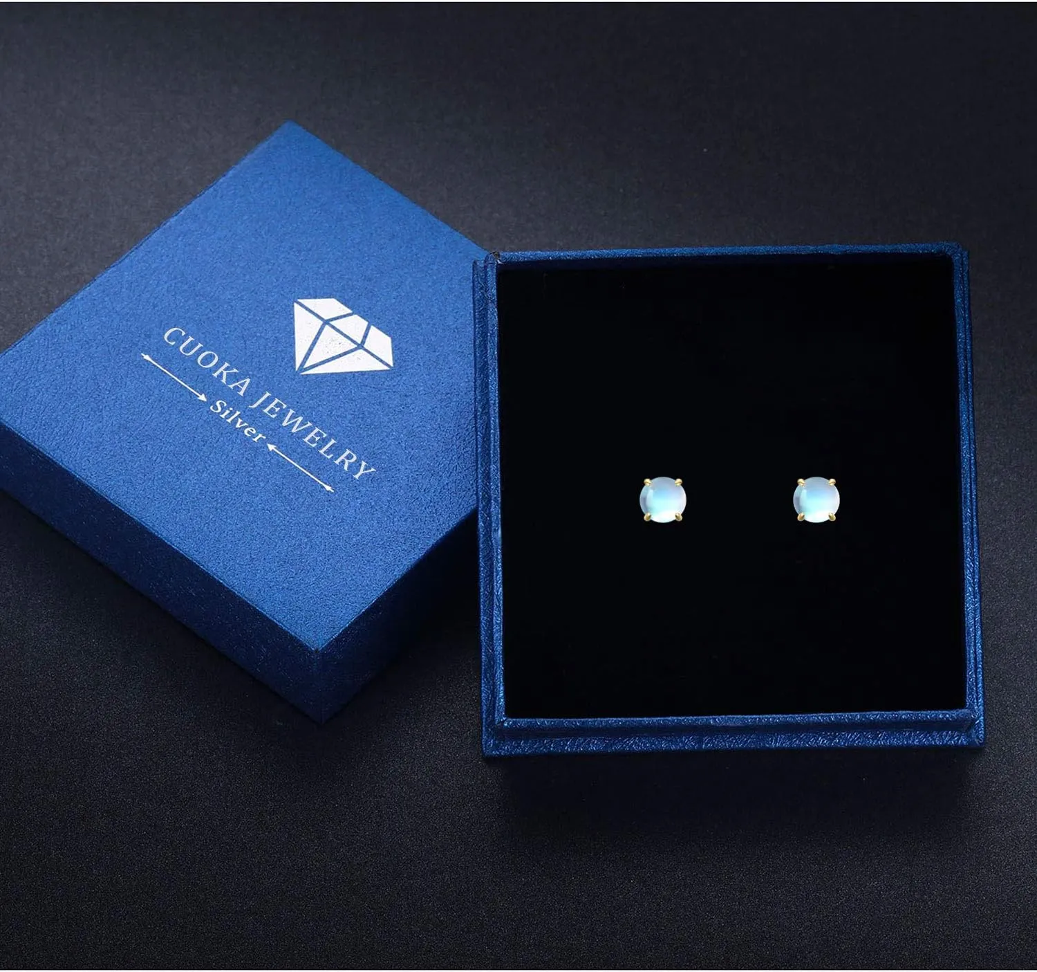 925 Sterling Silver Moonstone Stud Earrings - Synthetic Round Hypoallergenic Jewelry for Women With Sensitive Ears