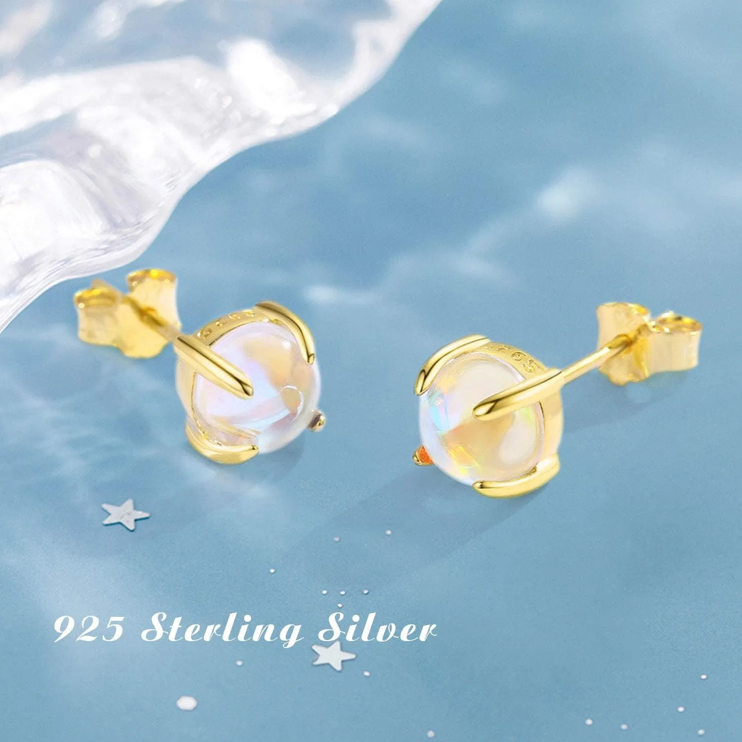 925 Sterling Silver Moonstone Stud Earrings - Synthetic Round Hypoallergenic Jewelry for Women With Sensitive Ears