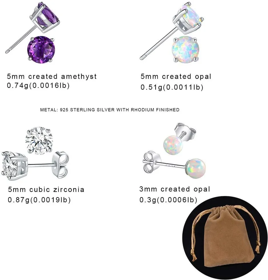 925 Sterling Silver Stud Earrings Set for Women Men Gemstone Small Multiple Ear Piercings Cartilage Helix Jewelry Hypoallergenic