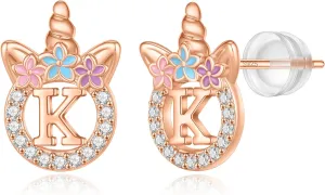 925 Sterling Silver Unicorn Earrings, 14K Gold/Rose Gold/Silver/Unicorn Earrings for Girls Kids Toddler Little Girls Hypoallergenic Letter Initial Earrings for Girls Christmas Gifts