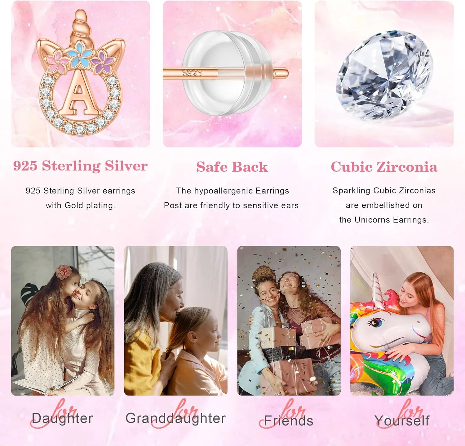 925 Sterling Silver Unicorn Earrings, 14K Gold/Rose Gold/Silver/Unicorn Earrings for Girls Kids Toddler Little Girls Hypoallergenic Letter Initial Earrings for Girls Christmas Gifts