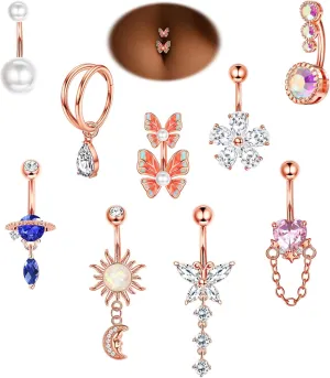 9Pcs 14G Belly Button Rings for Women Surgical Stainless Steel Belly Rings Cute Navel Rings Butterfly Flower Heart Double Hoop Dangle Belly Button Ring Set Rose Gold Belly Button Piercing Jewelry