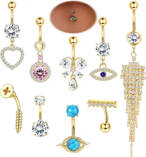 9pcs 14G Belly Button Rings for Women: Surgical Stainless Steel Navel Rings - Butterfly, Evil Eye, Heart, Tassel, Dangle Set - Gold Belly Button Piercing Jewelry