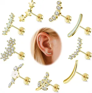 9Pcs 18G 14K Gold 316L Stainless Steel Cartilage Earrings for Women Helix Earrings Dainty Opal Leaf Flat Back Stud Earrings CZ Flower Conch Earrings Piercing Jewelry 6/8MM