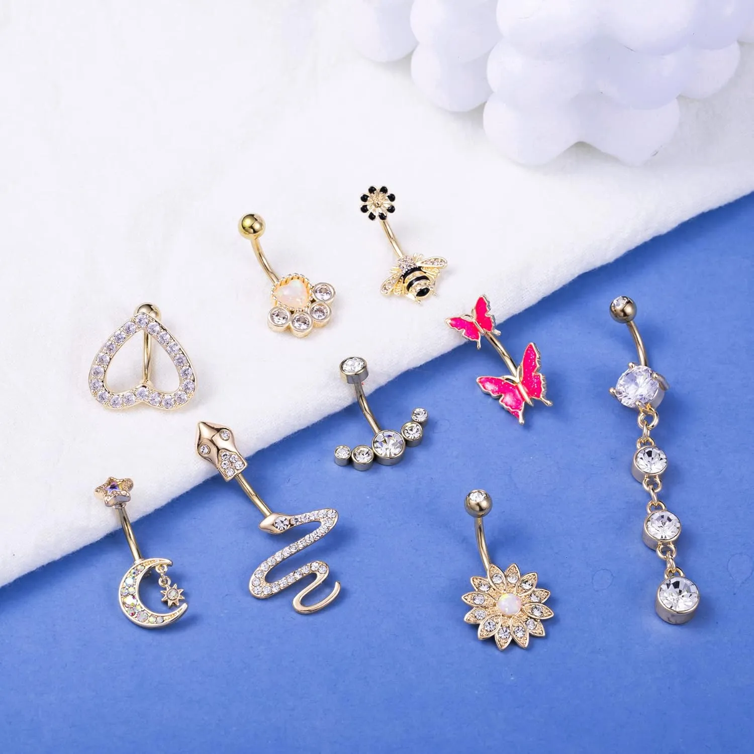 9PCS Stainless Steel Belly Button Rings Dangle Belly Rings for Women Heart Moon Snake Flower Navel Rings Body Jewelry Piercing
