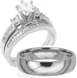 AAA Cubic Zirconia Wedding Ring Sets for Him and Her  Luxurious 3-Piece 925 Sterling Silver Rings Set with 8mm Titanium Band  Classic Matching Rings for Couples