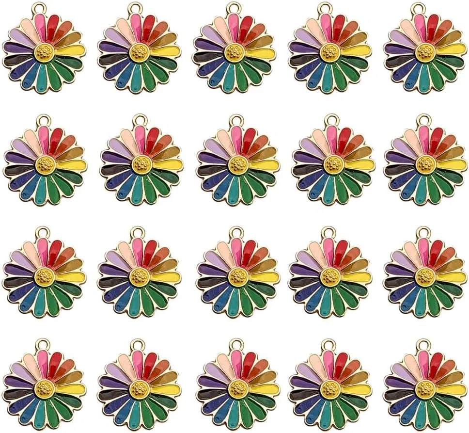 Alloy Enamel Daisy Charms 20 Pcs Chrysanthemum Flower Golden Plated Tiny Pendant Bulk for Jewellery Making and DIY Crafts