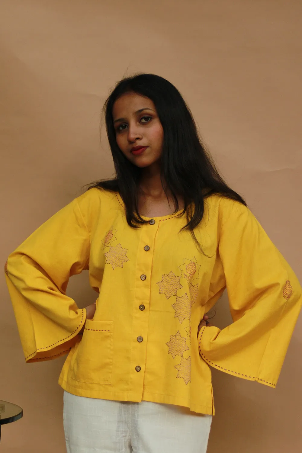 Ambrai |  Embroidered Cotton Shirt | Chrome Yellow