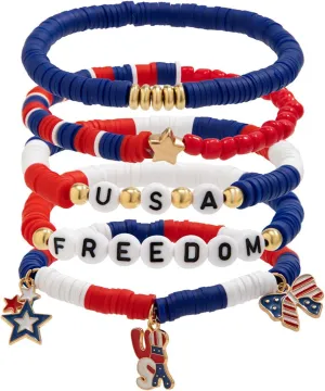 American Flag Bracelet for Women Girls Clay Bracelet Stackable Rainbow Friendship Bracelet Gifts,4th of July USA Decoration