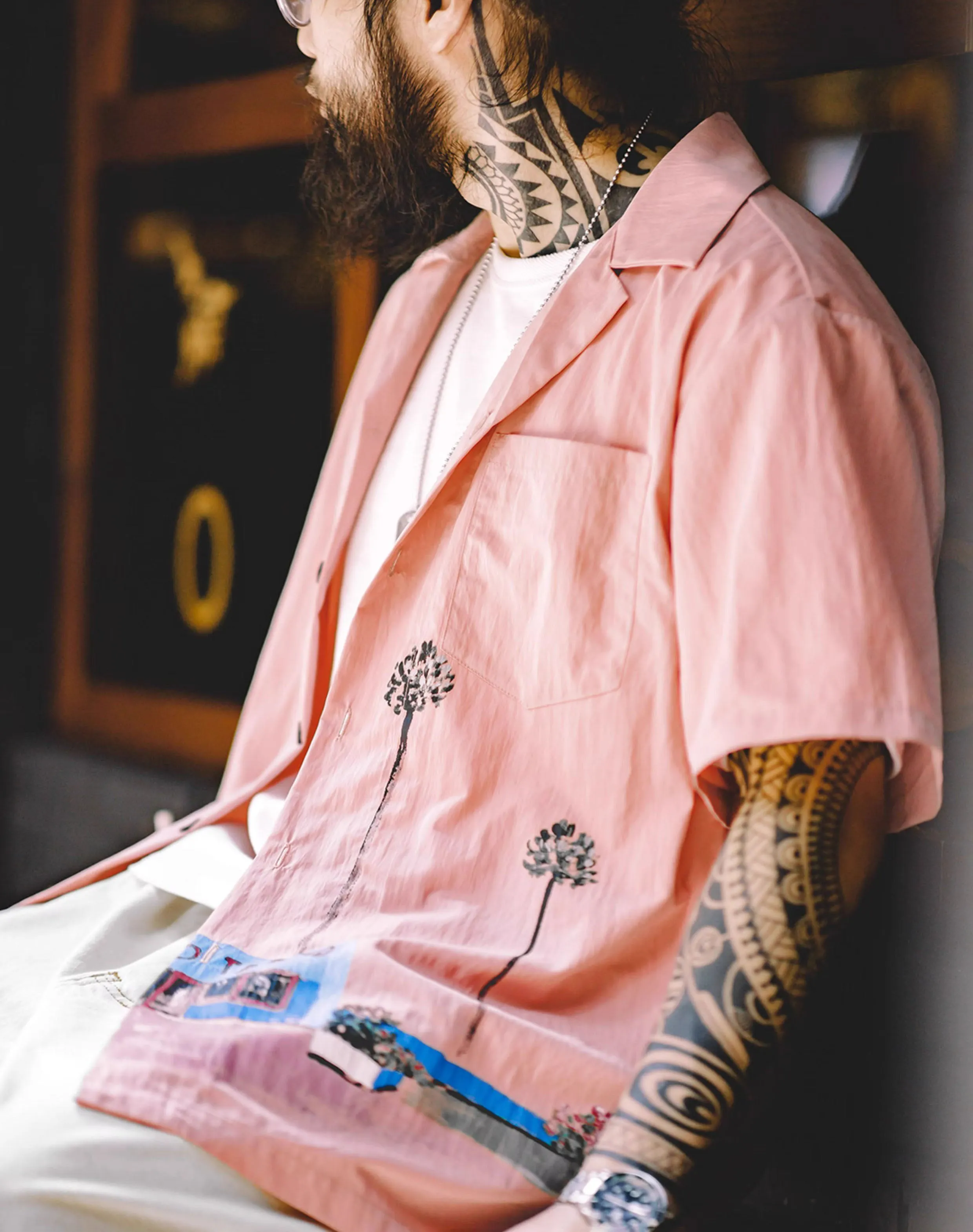 American Retro Oil Painting Hawaiian Pink Beach Men's Shirt