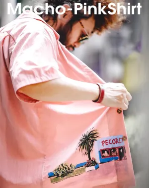 American Retro Oil Painting Hawaiian Pink Beach Men's Shirt