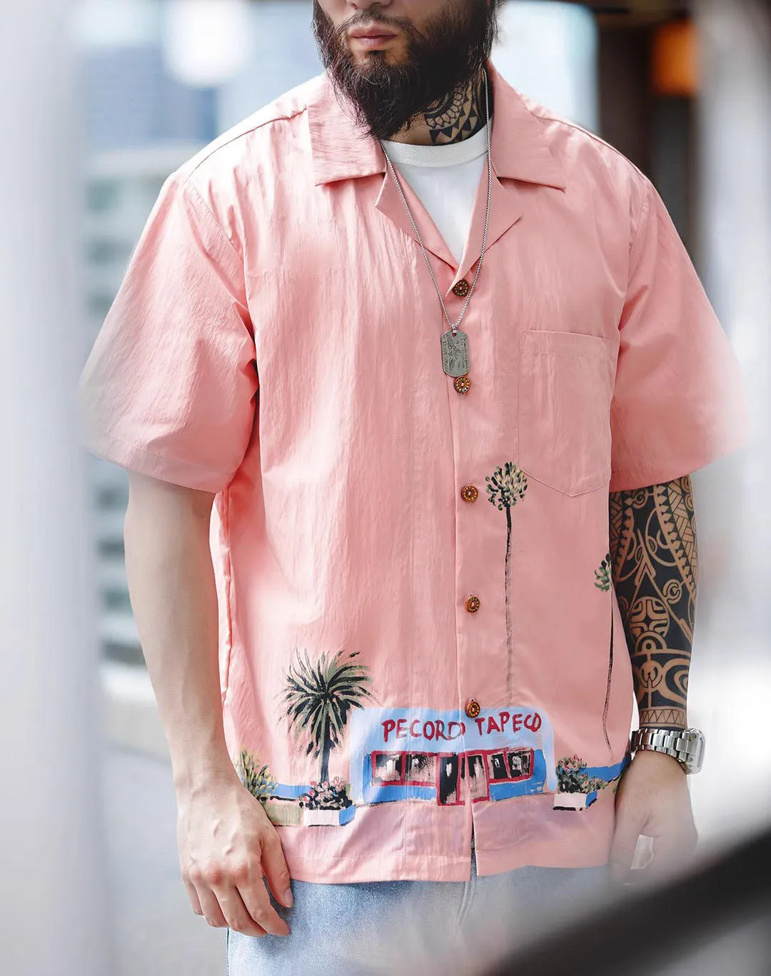 American Retro Oil Painting Hawaiian Pink Beach Men's Shirt