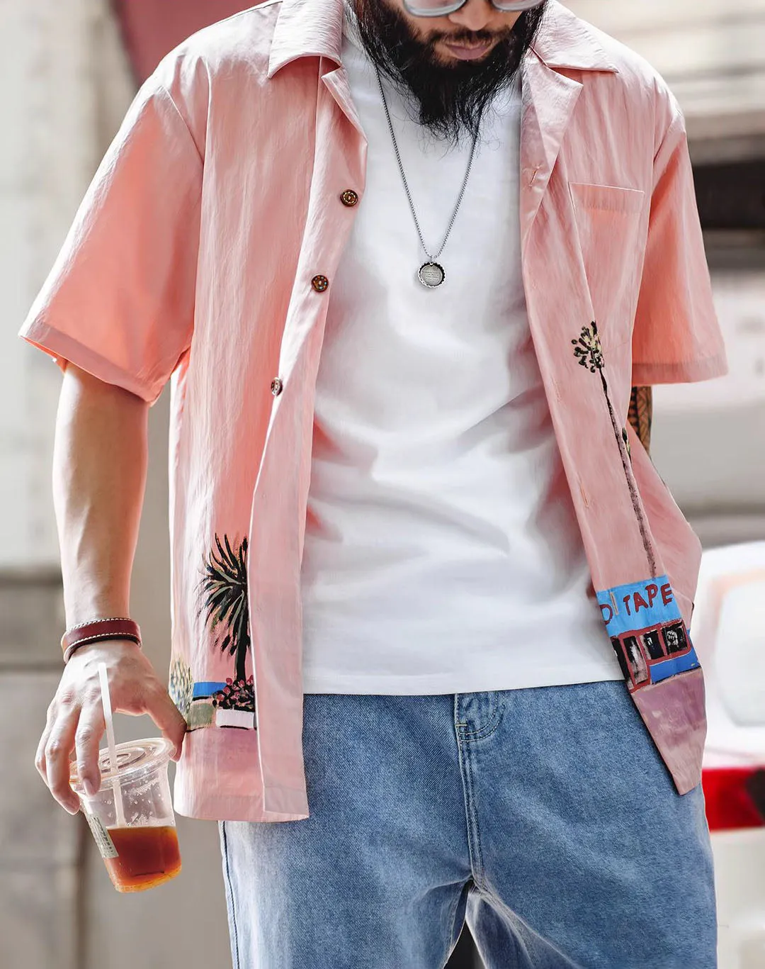 American Retro Oil Painting Hawaiian Pink Beach Men's Shirt