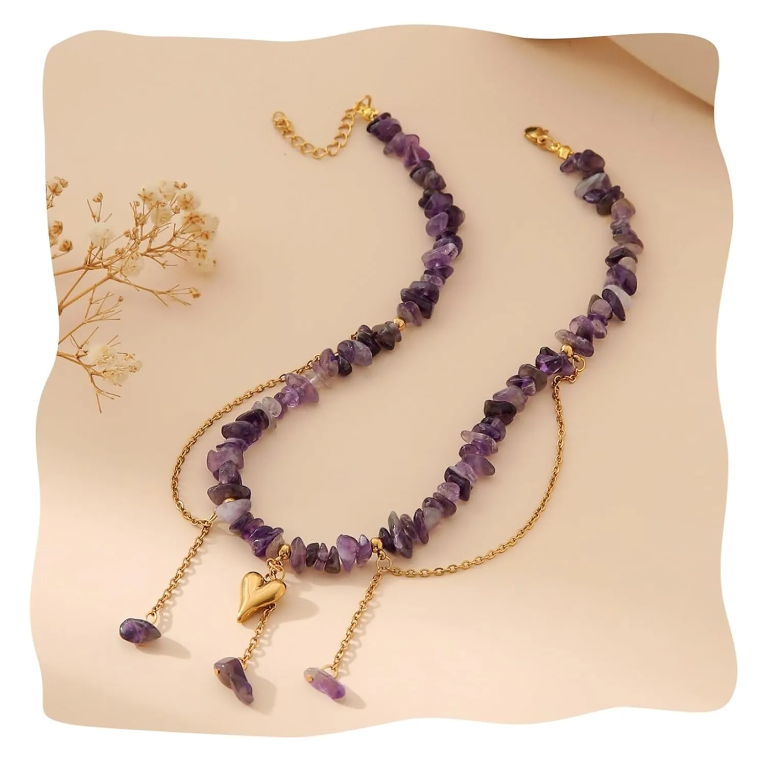 Amethyst Necklace, Purple Necklace Amethyst Jewelry for Women, Amethyst Choker Necklace Gold Plated Stainless Steel Layered Necklace (amethyst)