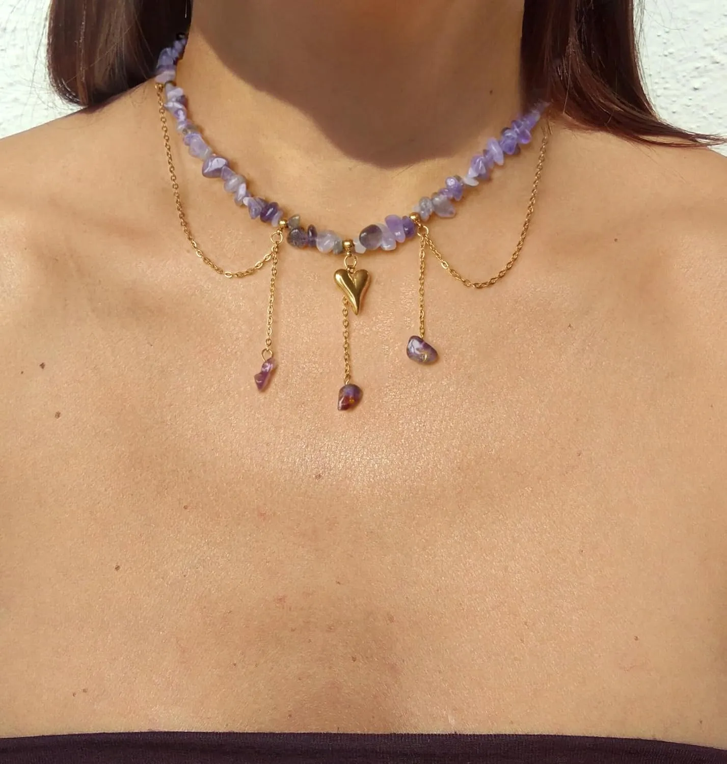 Amethyst Necklace, Purple Necklace Amethyst Jewelry for Women, Amethyst Choker Necklace Gold Plated Stainless Steel Layered Necklace (amethyst)