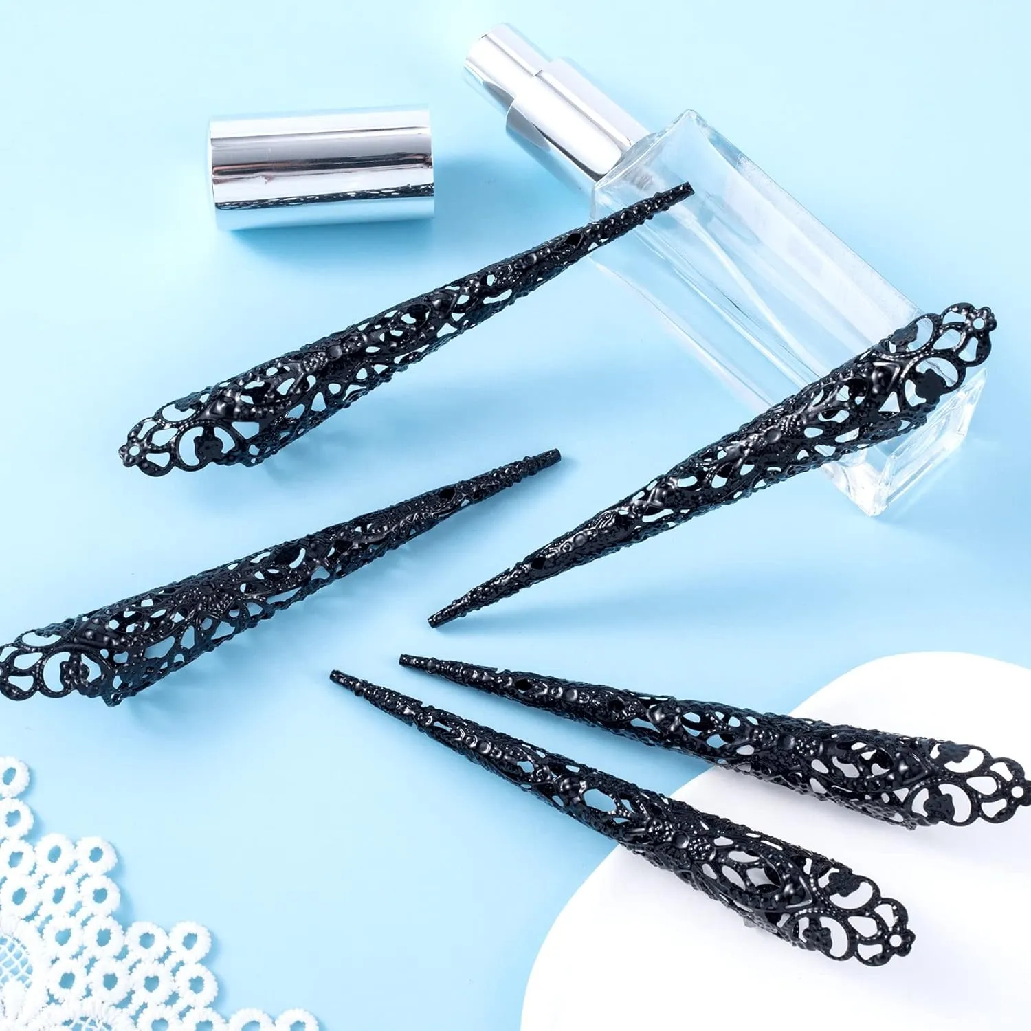 ANCIRS 10 Pack Finger Nail Tip Claw Rings, Ancient Queen Costume Fingertip Claw Nail Rings Decoration Accessory, Finger Knuckle Protectors for Halloween Cosplay Drama Dance Show- Black