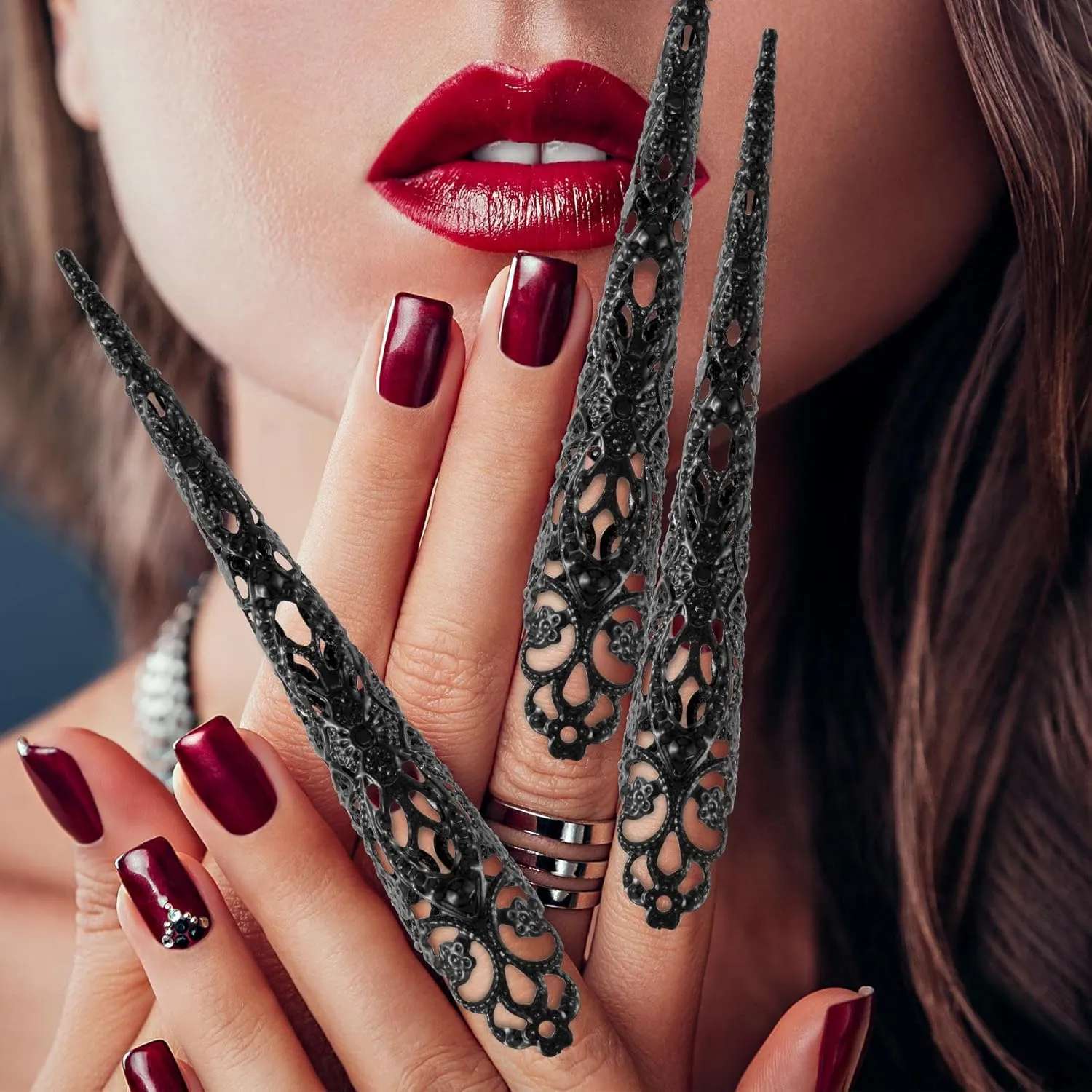 ANCIRS 10 Pack Finger Nail Tip Claw Rings, Ancient Queen Costume Fingertip Claw Nail Rings Decoration Accessory, Finger Knuckle Protectors for Halloween Cosplay Drama Dance Show- Black