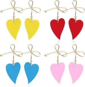 ANDPAI 4 Pairs Chic Charm Boho Red Yellow Matte Paint Heart Statement Stud Dangle Drop Earrings Set with Gold Bow for Women Sister Mom Lover and Friends