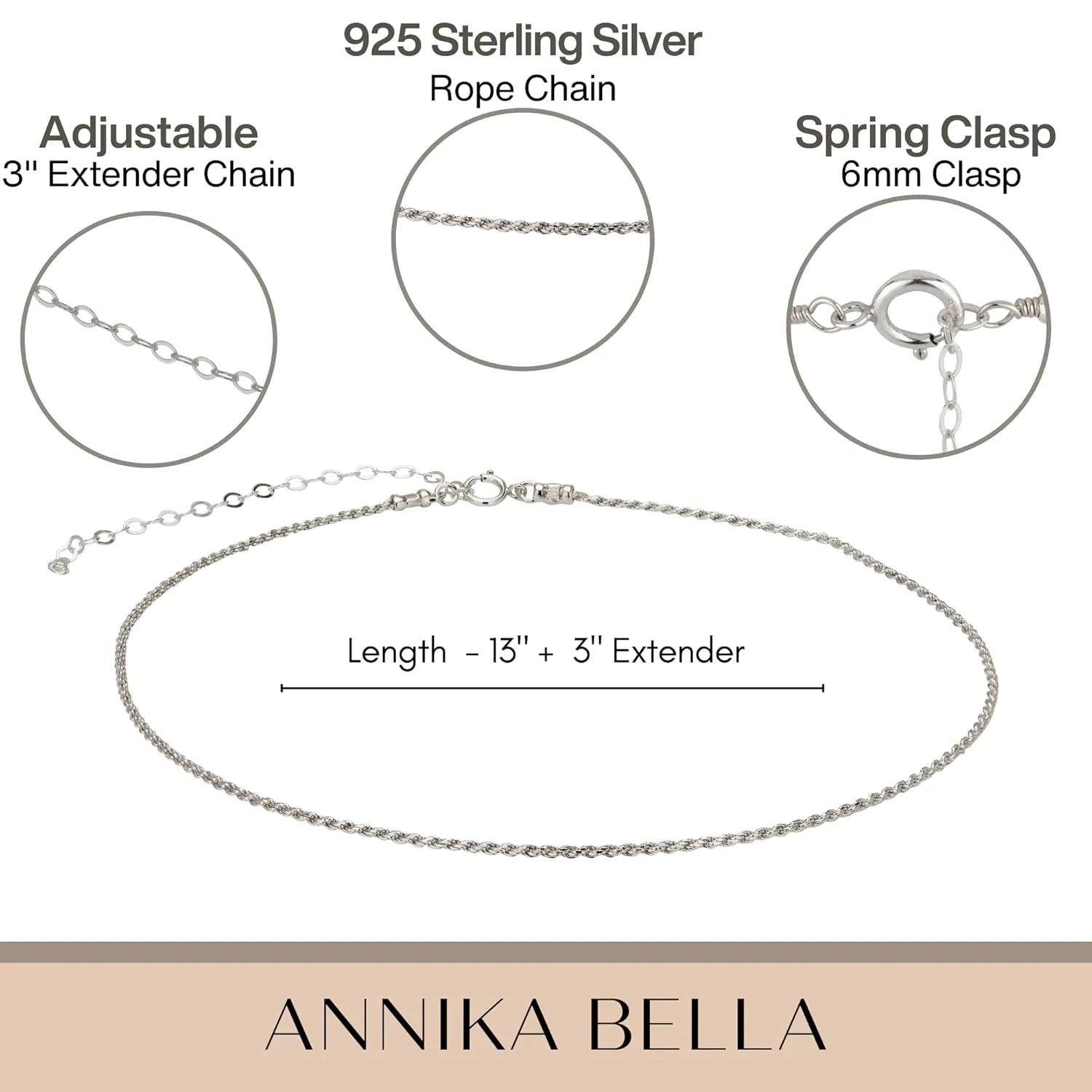 Annika Bella Rope Choker Necklace, 925 Sterling Silver Chain Chokers for Women, Silver Necklaces, Handmade Jewelry, Gift for Her (Rope)