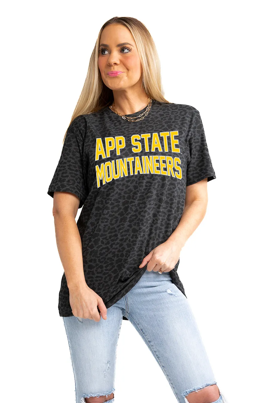 APPALACHIAN STATE MOUNTAINEERS "FAN FAVORITE" LEOPARD STANDARD FIT CREW NECK TEE