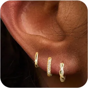 ASCOMY Gold Earrings for Women Dainty Hoop Earrings Set 14K Gold/Silver Plated 3 Pairs Huggie Hoops Cubic Zirconia Earring CZ Stud Chunky Open Hoop Earring Trendy Jewelry Gifts for Women