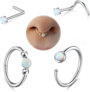 AVYRING Opal Nose Rings Hoops Set - 18g & 20g Nose Piercing Jewelry Surgical Steel Silver Nose Studs L Shaped Screw White Opal