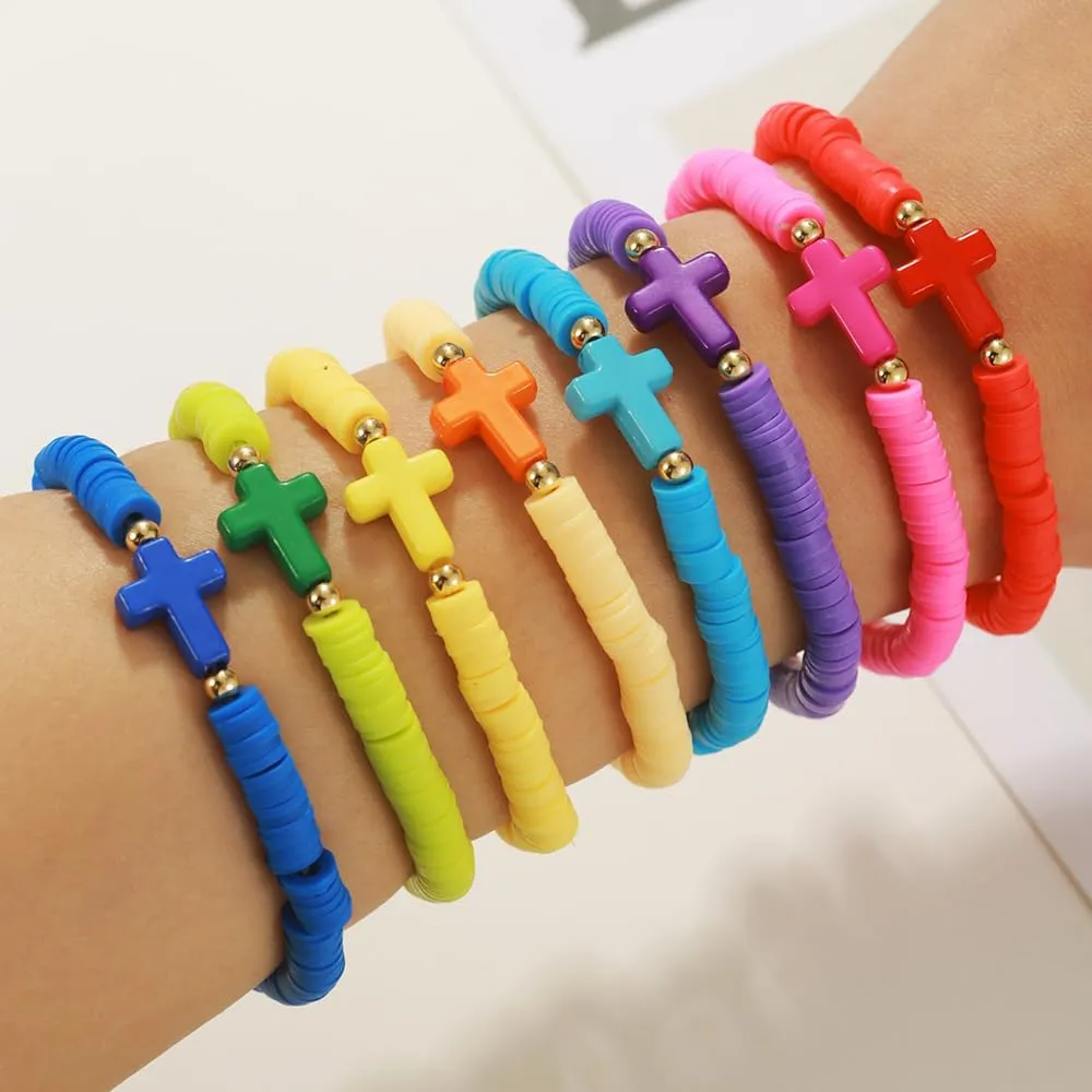 Baptism Communion Easter Confirmation Jewelry Gifts Trendy Cross Beaded Braceles Stack for Women Clay Colorful Surfer Heishi Bracelet Stackable Layering Bracelets