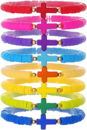 Baptism Communion Easter Confirmation Jewelry Gifts Trendy Cross Beaded Braceles Stack for Women Clay Colorful Surfer Heishi Bracelet Stackable Layering Bracelets