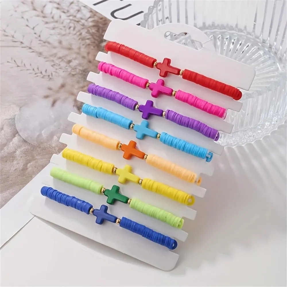 Baptism Communion Easter Confirmation Jewelry Gifts Trendy Cross Beaded Braceles Stack for Women Clay Colorful Surfer Heishi Bracelet Stackable Layering Bracelets
