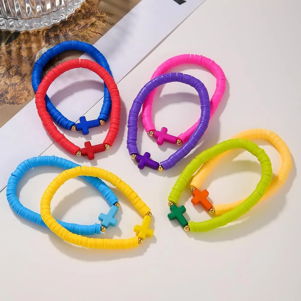 Baptism Communion Easter Confirmation Jewelry Gifts Trendy Cross Beaded Braceles Stack for Women Clay Colorful Surfer Heishi Bracelet Stackable Layering Bracelets
