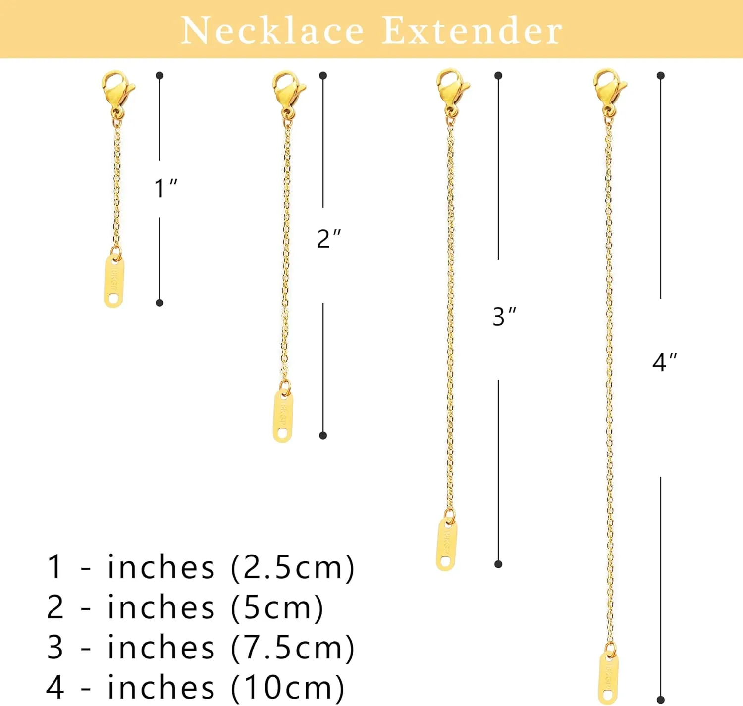 BAYLAY Gold/Silver Necklace Extenders - 18k Gold Plated/Whited Necklace Extender Chain Set for Women 4 Piece Set, Extensions 1" 2" 3" 4" Hypoallergenic in Gold or Silver