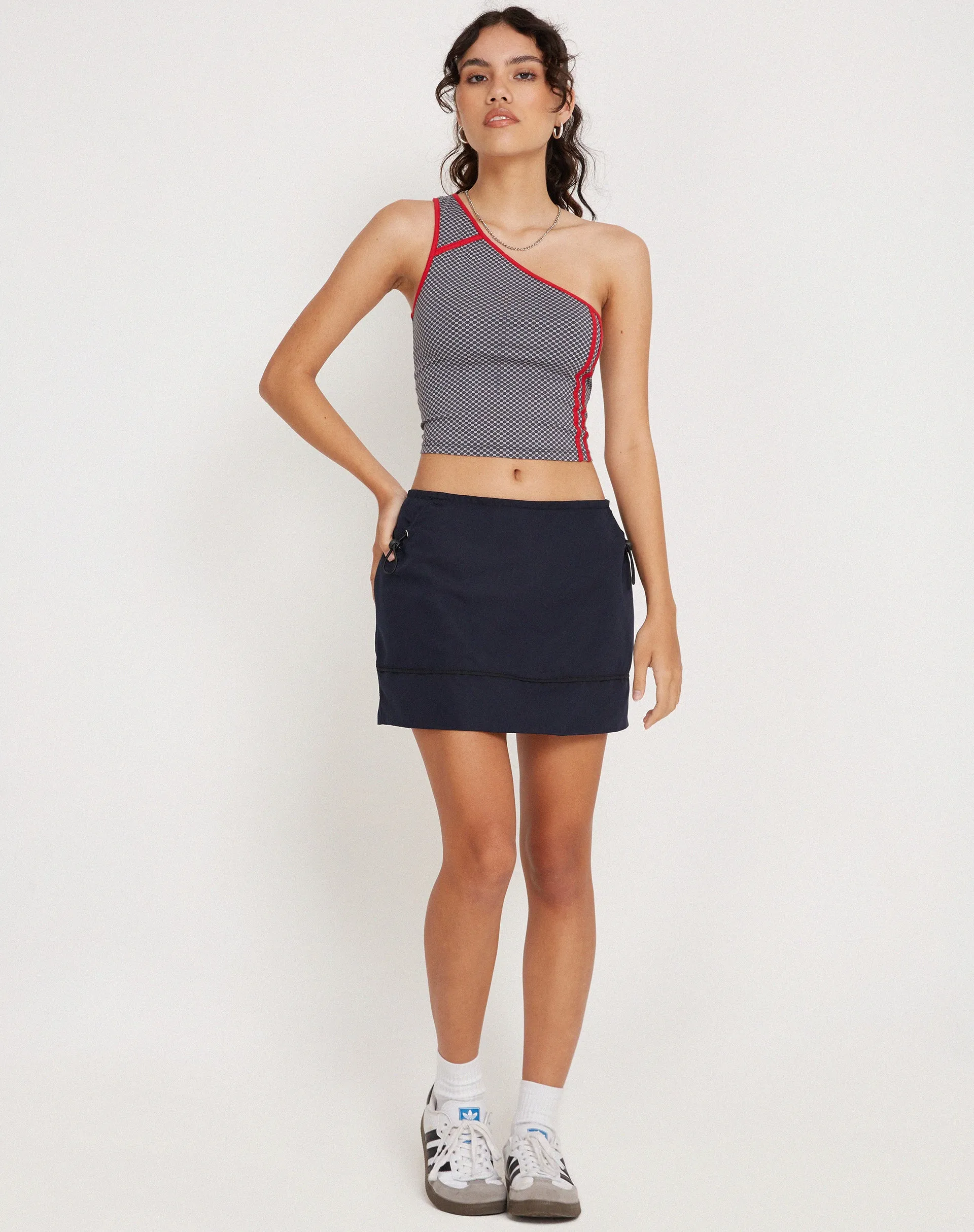 Baylor One Shoulder Top in Grey Red Sporty Micro Spot