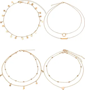 BBTO 4 Pieces Layered Pendant Choker Necklace Gold Layering Chain Choker for Women Girls (Style A)
