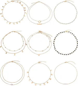 BBTO 9 Pieces Gold Layering Chain Choker Necklace Layered Pendant Statement Necklace for Women Girls (Style A)