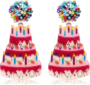 Beaded Birthday Earrings Birthday Cake Earrings Glitter Happy Birthday Drop Dangle Earrings Colorful Statement Earrings For Birthday Party Gift